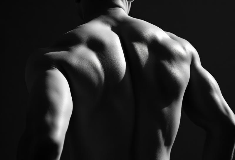 Sculptural detail of an athlete's back in low light